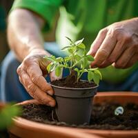 ai gerado jardineiro usando uma espátula para plantar uma plantinha dentro uma Panela com uma vibrante, verde fundo foto