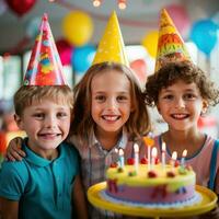 ai gerado uma grupo do sorridente crianças vestindo festa chapéus e segurando colorida balões, com uma aniversário bolo foto