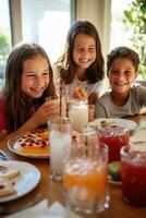 ai gerado uma grupo do crianças colhido por aí uma mesa, rindo e desfrutando fatias do bolo e óculos do suco foto