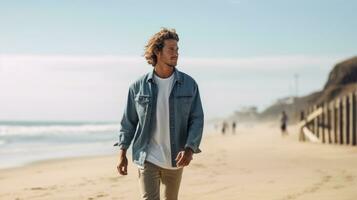 ai gerado uma homem vestindo uma casual jeans jaqueta, caminhando baixa uma ensolarado de praia com uma prancha de surfe debaixo dele braço foto