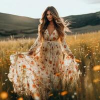 ai gerado uma mulher vestindo uma fluindo maxi vestir, em pé dentro uma campo do flores silvestres foto