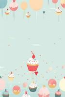 ai gerado uma alegre e festivo aniversário fundo apresentando bolos de copo e balões foto