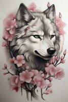 ai gerado surpreendente tatuagem estilo realista Lobo com japonês cereja Flor arte foto