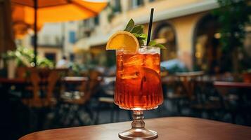 ai gerado generativo ai, vidro do aperol spritz em de madeira mesa com borrão fundo com luzes do rua bar, cafeteria ou restaurante foto