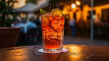 ai gerado generativo ai, vidro do aperol spritz em de madeira mesa com borrão fundo com luzes do rua bar, cafeteria ou restaurante foto