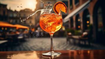 ai gerado generativo ai, vidro do aperol spritz em de madeira mesa com borrão fundo com luzes do rua bar, cafeteria ou restaurante foto