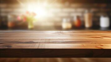 ai gerado generativo ai, esvaziar de madeira de mesa em borrado moderno cozinha fundo com cópia de espaço foto
