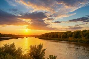 ai gerado dourado hora pôr do sol em a rio. pró foto