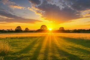 ai gerado dourado hora pôr do sol em a campo. pró foto