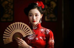 ai gerado senhora dentro tradicional chinês vestir posando com ventilador foto