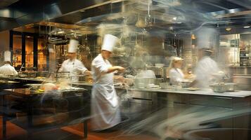 ai gerado generativo ai, ocupado chefs trabalhando em a restaurante cozinha dentro movimento borrão, Rapidez foto