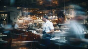 ai gerado generativo ai, ocupado chefs trabalhando em a restaurante cozinha dentro movimento borrão, Rapidez foto