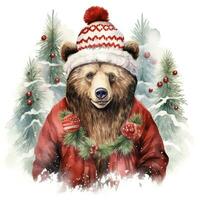 ai gerado generativo ai, fofa selvagem Urso animal, Natal chapéu e feio camisolas, aguarela estilo. foto