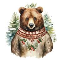 ai gerado generativo ai, fofa selvagem Urso animal, Natal chapéu e feio camisolas, aguarela estilo. foto