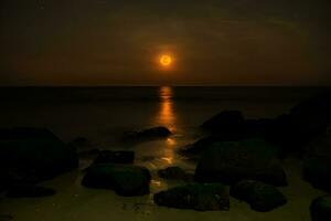 noite céu e laranja cheio lua. foto