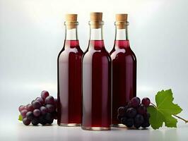 ai gerado vinho com uvas dentro vidro garrafas em uma luz fundo. Alto qualidade. ai generativo foto
