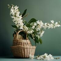 ai gerado uma rattan cesta é cheio do branco flores e de outros floral elementos foto