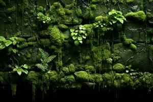 ai gerado natural fundo, musgoso pedra parede textura com plantas foto