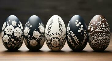 ai gerado cinco pintado de madeira Páscoa ovos em uma madeira, foto
