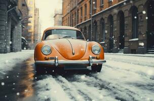 ai gerado a laranja carro em uma neve coberto rua, foto