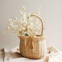 ai gerado uma rattan cesta é cheio do branco flores e de outros floral elementos foto