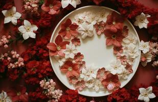 ai gerado uma prato do flores fez para dentro uma círculo em uma prateleira, foto