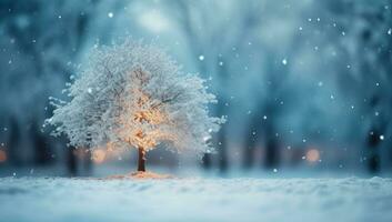 ai gerado uma inverno panorama com neve queda sobre uma árvore, foto
