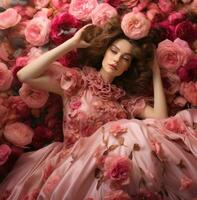 ai gerado uma mulher dentro uma vestir com uma Rosa floral padrão, foto