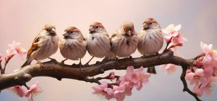 ai gerado uma grupo do pardais sentado em uma ramo dentro frente do uma Rosa flor ramalhete, foto