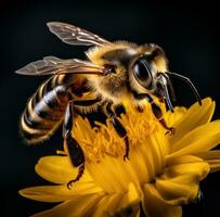 ai gerado uma abelha em uma Preto fundo com uma amarelo flor, foto