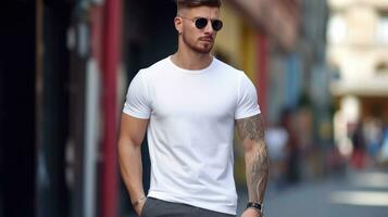 ai gerado jovem homem atleta dentro casual branco camiseta realista em uma brincar modelo dentro uma rua dentro uma verão cidade foto