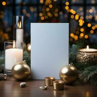 ai gerado branco cumprimento cartão com em branco frente, realista em uma brincar modelo dentro uma de madeira mesa dentro uma Natal luxo fundo dentro casa dentro, foto
