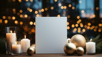 ai gerado branco cumprimento cartão com em branco frente, realista em uma brincar modelo dentro uma de madeira mesa dentro uma Natal luxo fundo dentro casa dentro, foto