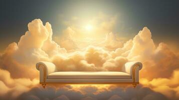ai gerado generativo ai, dourado e branco fantástico 3d nuvens com sofá dentro a céu. □ Gentil cores e com brilhante luzes. foto