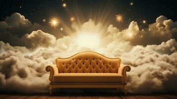 ai gerado generativo ai, dourado e branco fantástico 3d nuvens com sofá dentro a céu. □ Gentil cores e com brilhante luzes. foto