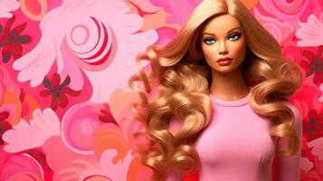 ai gerado Rosa boneca. Barbie boneca. lindo Loiras menina com grandes encaracolado cabelo e Rosa flores foto