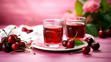 ai gerado dois óculos com cereja compota, cerejas em uma placa, em uma Rosa fundo. foto