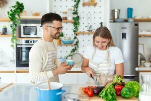 afetuoso jovem homem se beijando dele esposa enquanto ela é fazer o jantar. lindo jovem casal é falando e sorridente enquanto cozinhando saudável Comida dentro cozinha às lar. foto