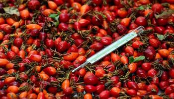 um termômetro de mercúrio repousa sobre os frutos de um quadril rosa vermelho. conceito - medicina tradicional foto