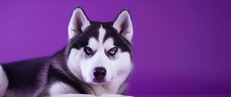 ai gerado uma fechar-se retrato do uma rouco cachorro com azul olhos e uma roxa fundo foto