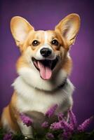 ai gerado fofa galês corgi cachorro em uma roxa fundo foto