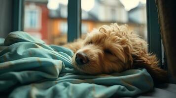 ai gerado generativo ai, fofa cachorro dormindo em acolhedor caloroso cobertor perto a janela, hygge estilo foto