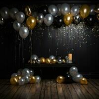 ai gerado Novo ano com isto vibrante pano de fundo apresentando metálico ouro e prata balões contra uma Preto foto