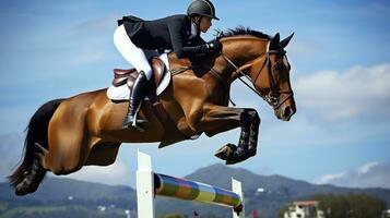 ai gerado uma cavaleiro e cavalo subindo sobre uma Series do saltos dentro a equestre concorrência foto