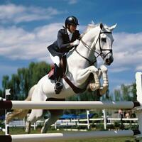 ai gerado uma cavaleiro e cavalo subindo sobre uma Series do saltos dentro a equestre concorrência foto