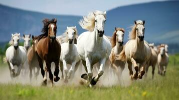 ai gerado uma grupo do cavalos corrida através uma Prado, capturado dentro uma dinâmico açao tiro foto