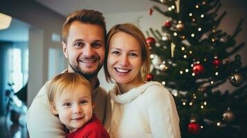 ai gerado feliz família perto Natal árvore foto