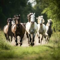 ai gerado uma grupo do cavalos corrida através uma Prado, capturado dentro uma dinâmico açao tiro foto