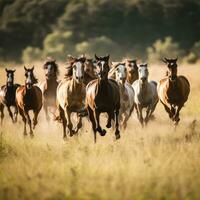 ai gerado uma grupo do cavalos corrida através uma Prado, capturado dentro uma dinâmico açao tiro foto