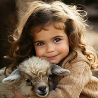 ai gerado a adorável tiro do uma pequeno menina abraçando uma bebê cabra, ambos do eles olhando para dentro a Câmera foto